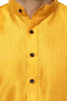 Yellow Raw Silk Plain Kurta for Men 