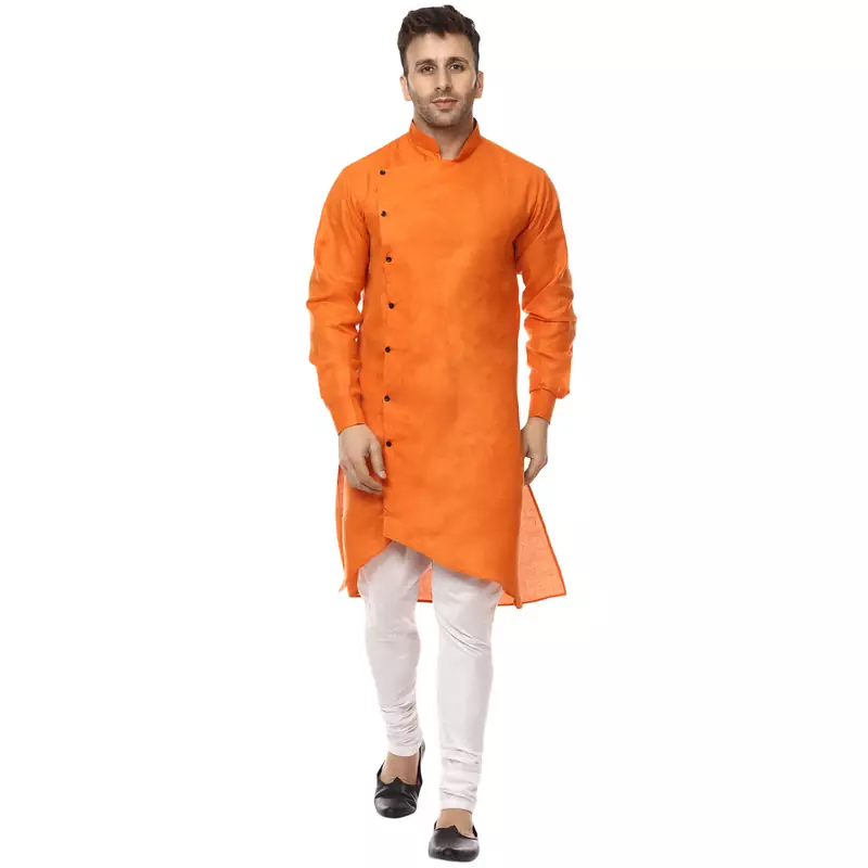 Orange Plain Cotton Men Kurtas
