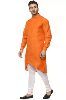 Orange Plain Cotton Men Kurtas
