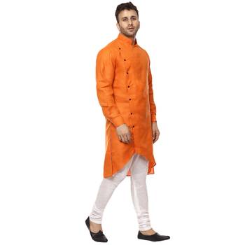 Orange Plain Cotton Men Kurtas 3