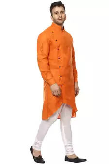 Orange Plain Cotton Men Kurtas