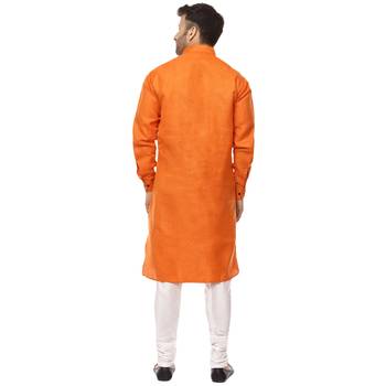 Orange Plain Cotton Men Kurtas 4