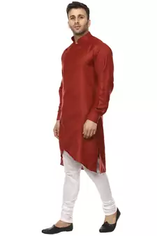 Maroon Plain Cotton Men Kurtas