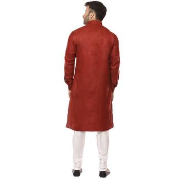 Maroon Plain Cotton Men Kurtas 4