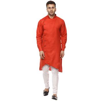 Red Plain Cotton Men Kurtas 1