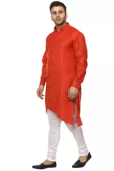 Red Plain Cotton Men Kurtas