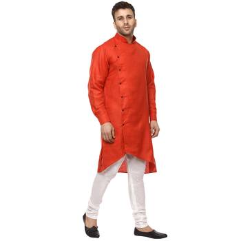 Red Plain Cotton Men Kurtas 3