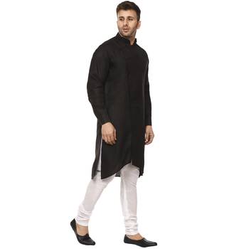 Black Plain Cotton Men Kurtas 3