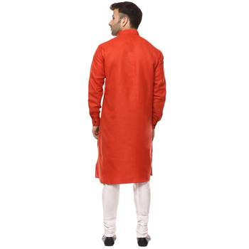 Red Plain Cotton Men Kurtas 4