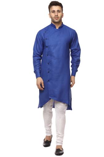 Blue Plain Cotton Men Kurtas
