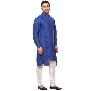 Blue Plain Cotton Men Kurtas 3
