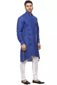 Blue Plain Cotton Men Kurtas