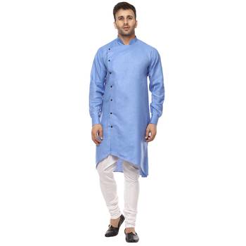Blue Plain Cotton Men Kurtas 1