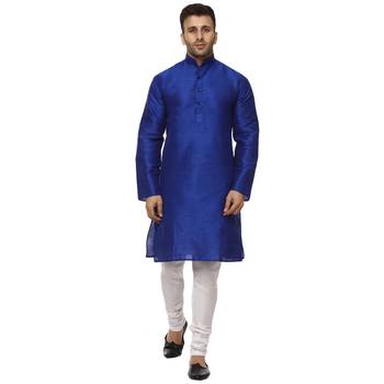 Blue Plain Raw Silk Kurta Pajama 1