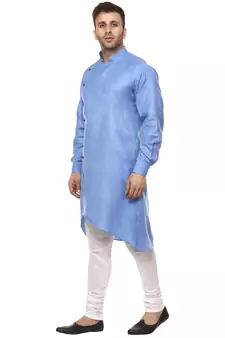 Blue Plain Cotton Men Kurtas