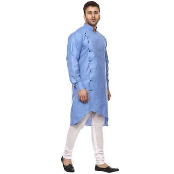 Blue Plain Cotton Men Kurtas 3