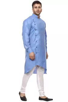 Blue Plain Cotton Men Kurtas