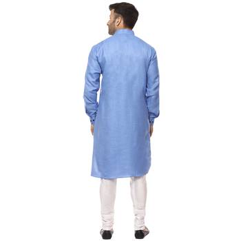 Blue Plain Cotton Men Kurtas 4