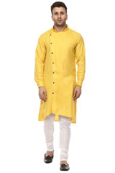 Yellow Plain Cotton Men Kurtas
