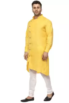 Yellow Plain Cotton Men Kurtas