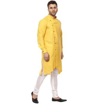 Yellow Plain Cotton Men Kurtas 3
