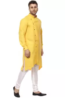 Yellow Plain Cotton Men Kurtas