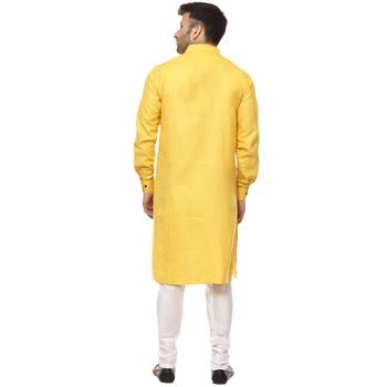 Yellow Plain Cotton Men Kurtas 4