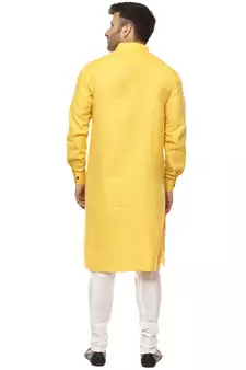 Yellow Plain Cotton Men Kurtas