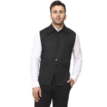 Black Plain Cotton Poly Nehru Jacket 1