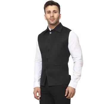 Black Plain Cotton Poly Nehru Jacket 2