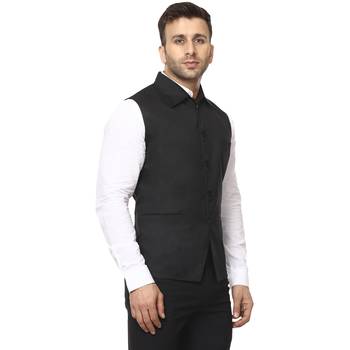 Black Plain Cotton Poly Nehru Jacket 3