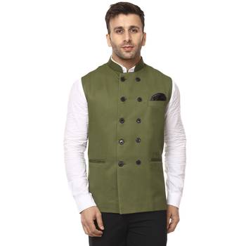 Green Plain Jute Cotton Nehru Jacket 1