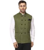 Green Plain Jute Cotton Nehru Jacket
