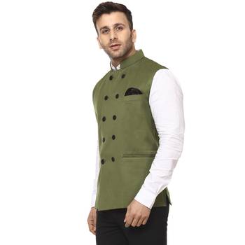 Green Plain Jute Cotton Nehru Jacket 2