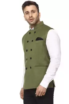 Green Plain Jute Cotton Nehru Jacket