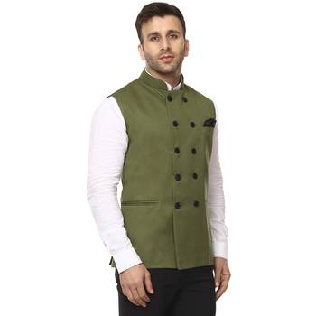 Green Plain Jute Cotton Nehru Jacket 3