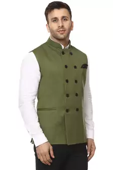 Green Plain Jute Cotton Nehru Jacket
