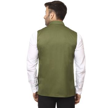 Green Plain Jute Cotton Nehru Jacket 4