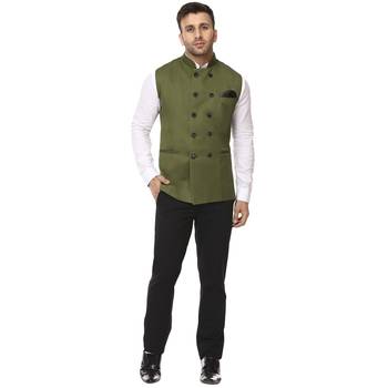 Green Plain Jute Cotton Nehru Jacket 5