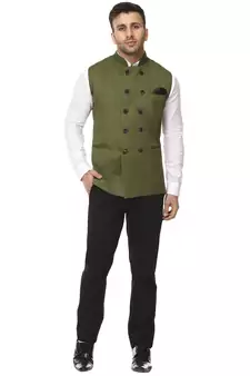 Green Plain Jute Cotton Nehru Jacket