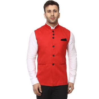 Red Plain Cotton Poly Nehru Jacket 1