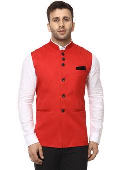 Red Plain Cotton Poly Nehru Jacket