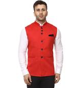 Red Plain Cotton Poly Nehru Jacket