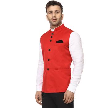 Red Plain Cotton Poly Nehru Jacket 2