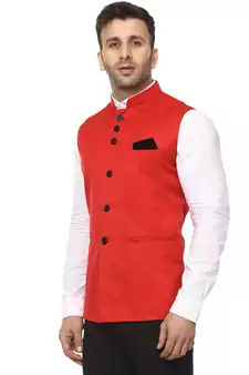 Red Plain Cotton Poly Nehru Jacket