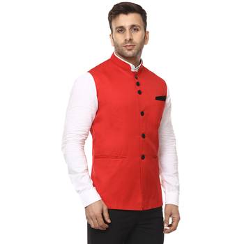 Red Plain Cotton Poly Nehru Jacket 3