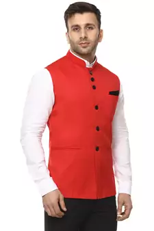 Red Plain Cotton Poly Nehru Jacket