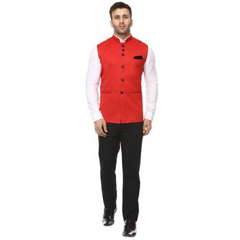 Red Plain Cotton Poly Nehru Jacket 5