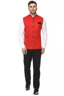Red Plain Cotton Poly Nehru Jacket