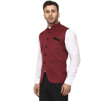 Maroon Plain Cotton Poly Nehru Jacket 2